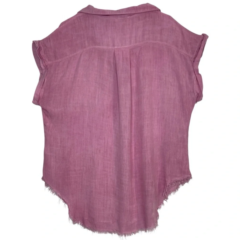 Umgee Pink Button Down Short Cuffed Sleeve Hi Low Raw Hem Lightweight Size Md - Picture 2 of 13
